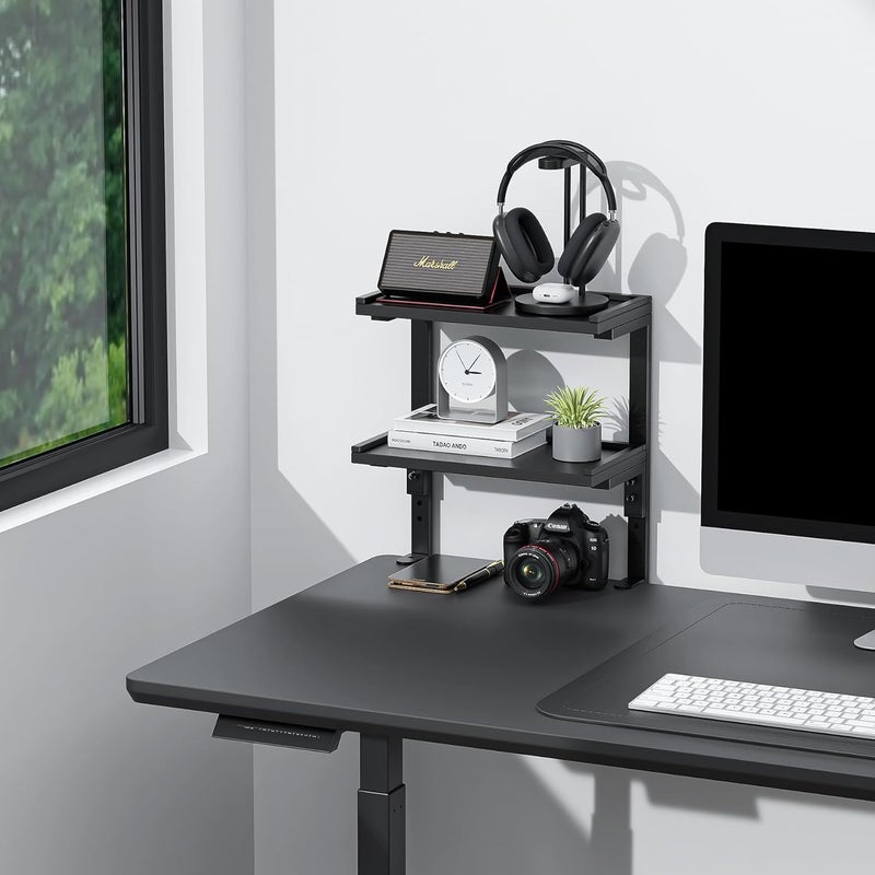 Spacrea clamp on Desk Shelf, 2 Tier Office Desk Shelves Organizer, Wood Desktop Supplies Storage Rack, Desk Organizers and Accessories (Black) - Image 2